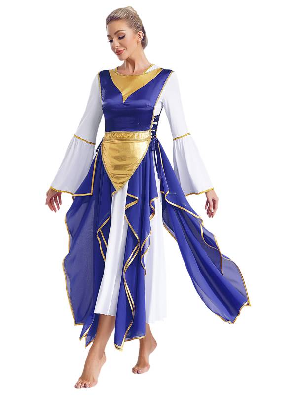 Women Metallic Sides Split Lace-up Tunic Asymmetrical Liturgical Dance Dress thumb