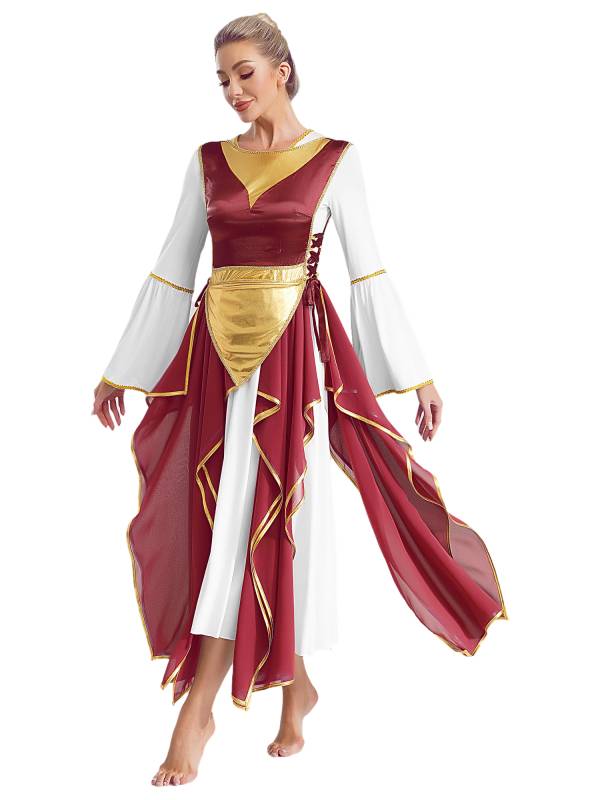 Women Metallic Sides Split Lace-up Tunic Asymmetrical Liturgical Dance Dress thumb