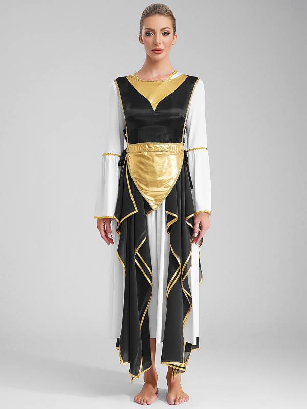 Women Metallic Sides Split Lace-up Tunic Asymmetrical Liturgical Dance Dress thumb