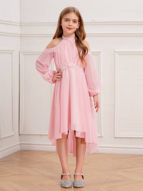 Girls Halter Neck Off-shoulder Long Sleeve Ruffled Hi-Lo Dress For Party thumb