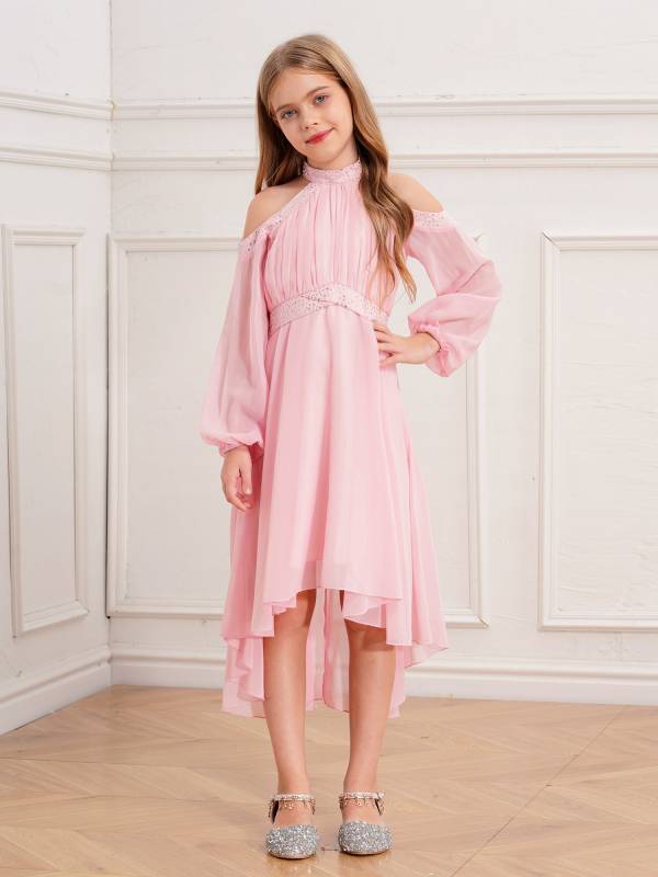 Girls Halter Neck Off-shoulder Long Sleeve Ruffled Hi-Lo Dress For Party thumb