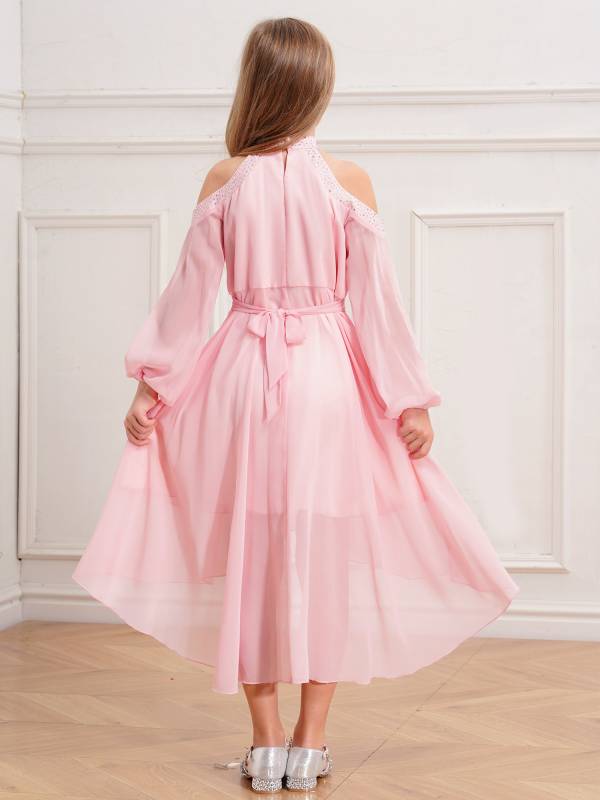 Girls Halter Neck Off-shoulder Long Sleeve Ruffled Hi-Lo Dress For Party thumb
