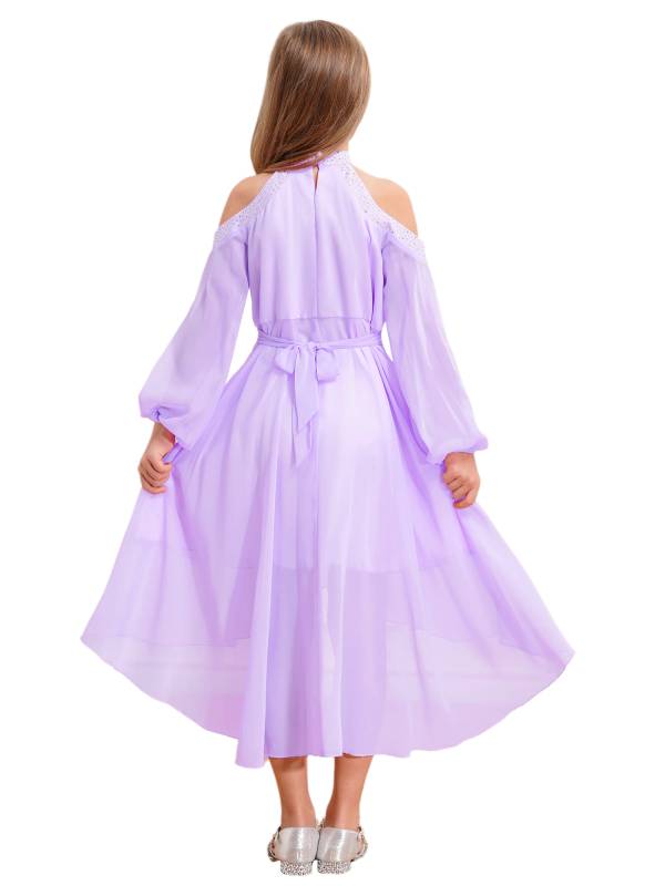 Girls Halter Neck Off-shoulder Long Sleeve Ruffled Hi-Lo Dress For Party thumb