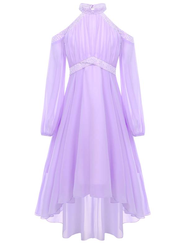 Girls Halter Neck Off-shoulder Long Sleeve Ruffled Hi-Lo Dress For Party thumb