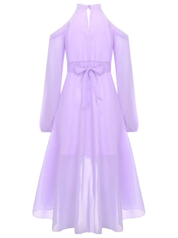 Girls Halter Neck Off-shoulder Long Sleeve Ruffled Hi-Lo Dress For Party thumb