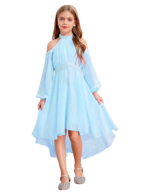 Girls Halter Neck Off-shoulder Long Sleeve Ruffled Hi-Lo Dress For Party thumb