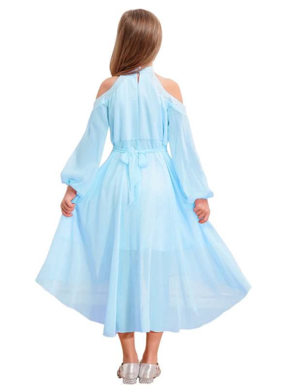 Girls Halter Neck Off-shoulder Long Sleeve Ruffled Hi-Lo Dress For Party thumb