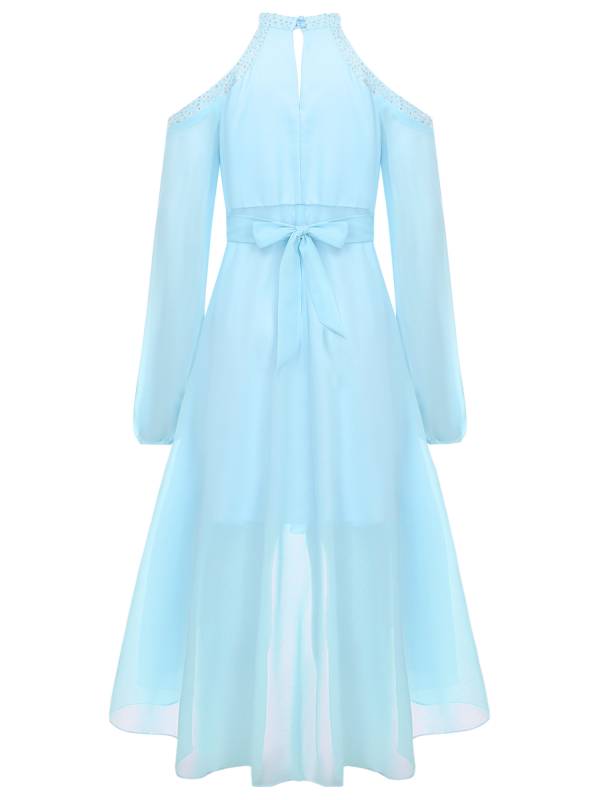 Girls Halter Neck Off-shoulder Long Sleeve Ruffled Hi-Lo Dress For Party thumb