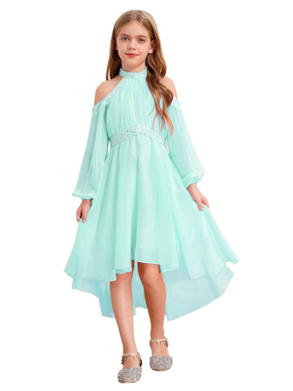 Girls Halter Neck Off-shoulder Long Sleeve Ruffled Hi-Lo Dress For Party thumb