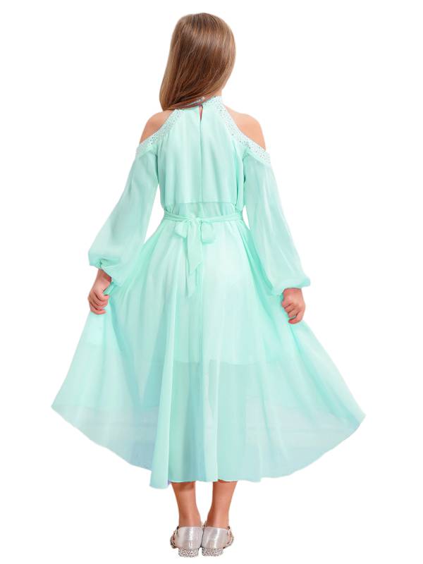 Girls Halter Neck Off-shoulder Long Sleeve Ruffled Hi-Lo Dress For Party thumb