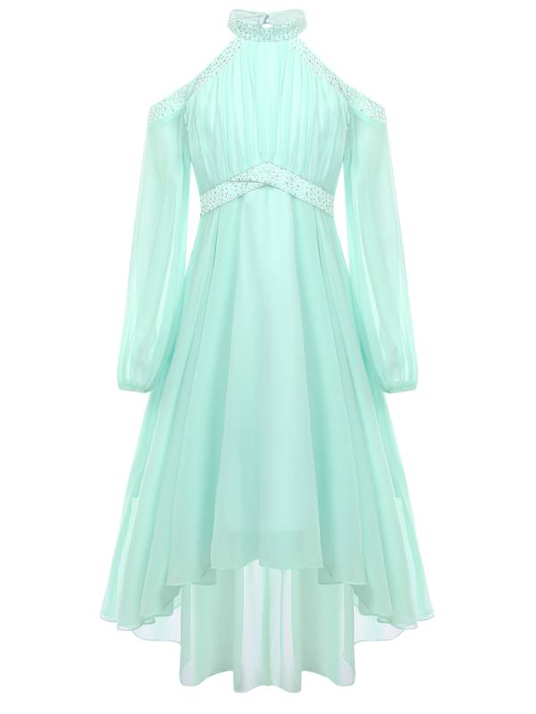 Girls Halter Neck Off-shoulder Long Sleeve Ruffled Hi-Lo Dress For Party thumb