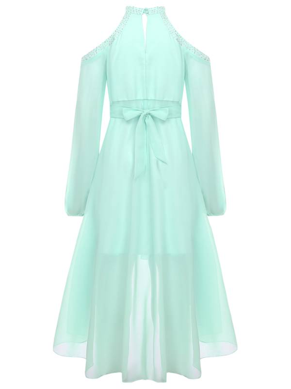 Girls Halter Neck Off-shoulder Long Sleeve Ruffled Hi-Lo Dress For Party thumb