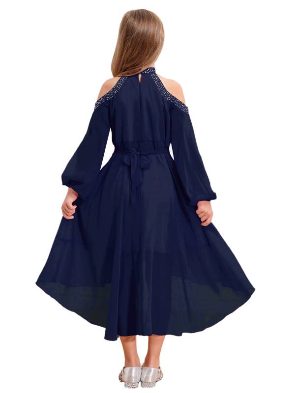 Girls Halter Neck Off-shoulder Long Sleeve Ruffled Hi-Lo Dress For Party thumb