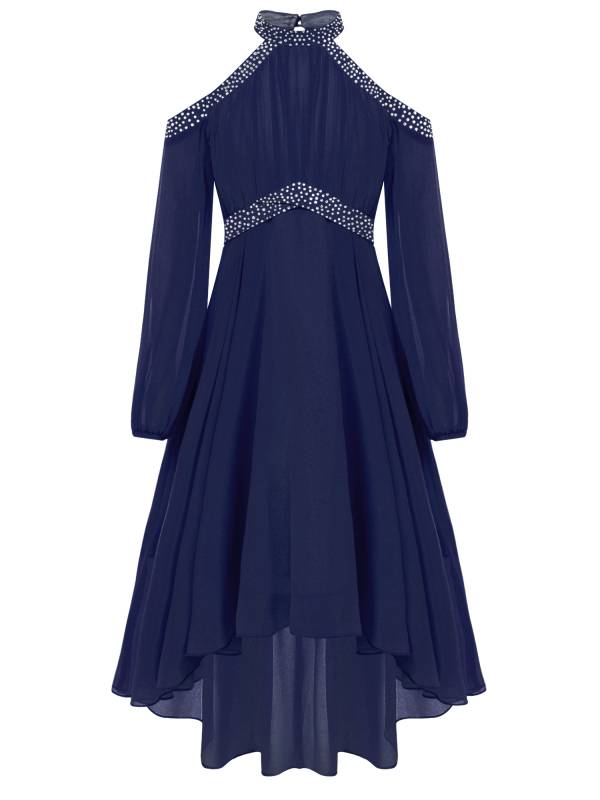 Girls Halter Neck Off-shoulder Long Sleeve Ruffled Hi-Lo Dress For Party thumb
