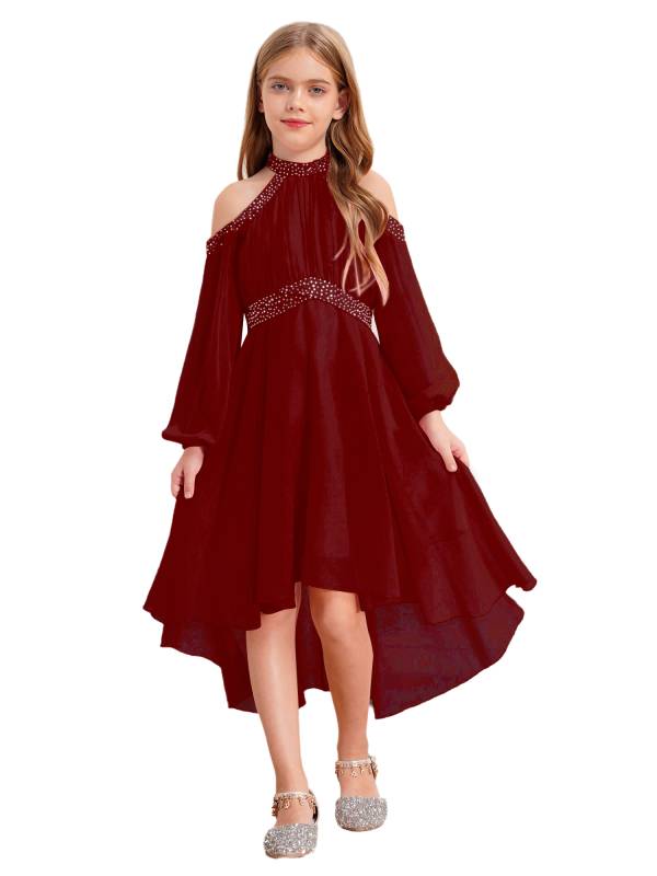 Girls Halter Neck Off-shoulder Long Sleeve Ruffled Hi-Lo Dress For Party thumb
