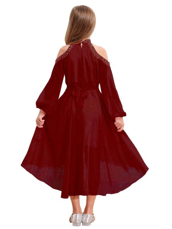 Girls Halter Neck Off-shoulder Long Sleeve Ruffled Hi-Lo Dress For Party thumb