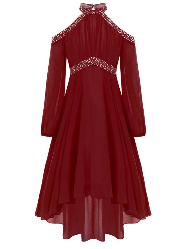 Girls Halter Neck Off-shoulder Long Sleeve Ruffled Hi-Lo Dress For Party thumb