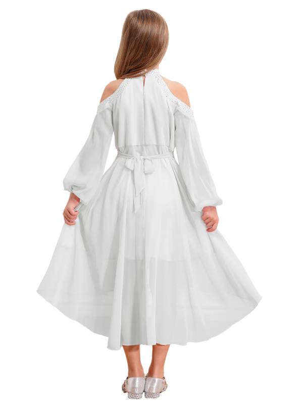 Girls Halter Neck Off-shoulder Long Sleeve Ruffled Hi-Lo Dress For Party thumb