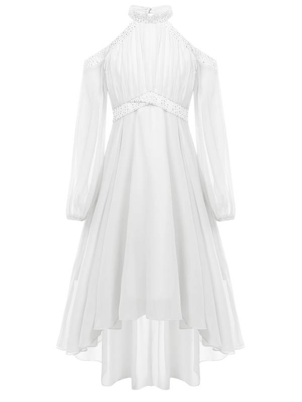 Girls Halter Neck Off-shoulder Long Sleeve Ruffled Hi-Lo Dress For Party thumb