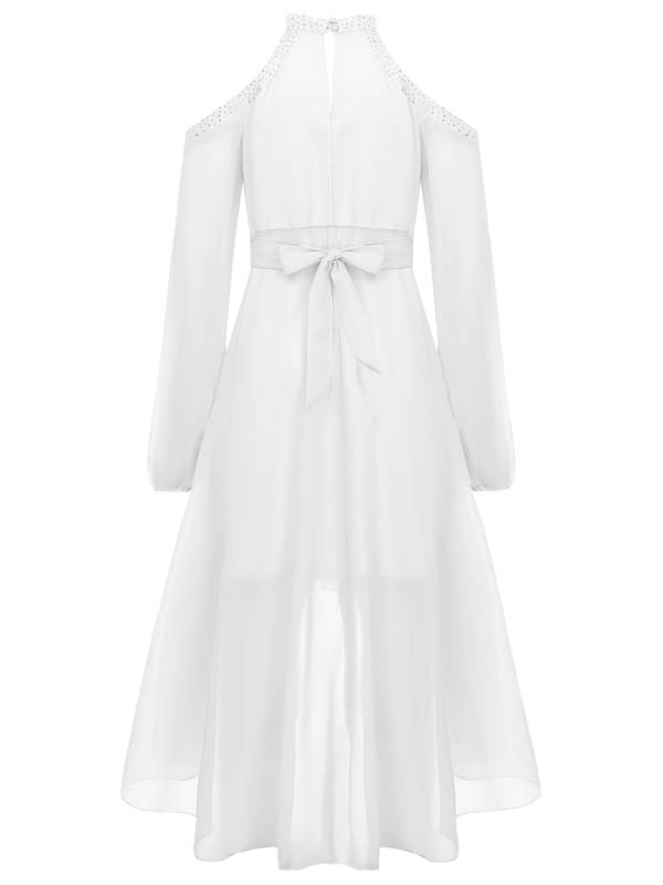 Girls Halter Neck Off-shoulder Long Sleeve Ruffled Hi-Lo Dress For Party thumb