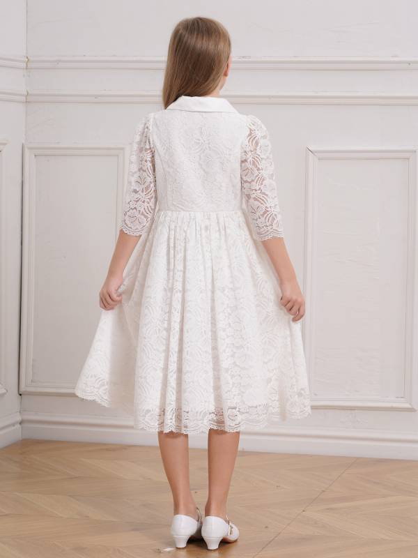 Kids Girls Half Sleeve Lapel Lace Knee Length Formal Dress thumb