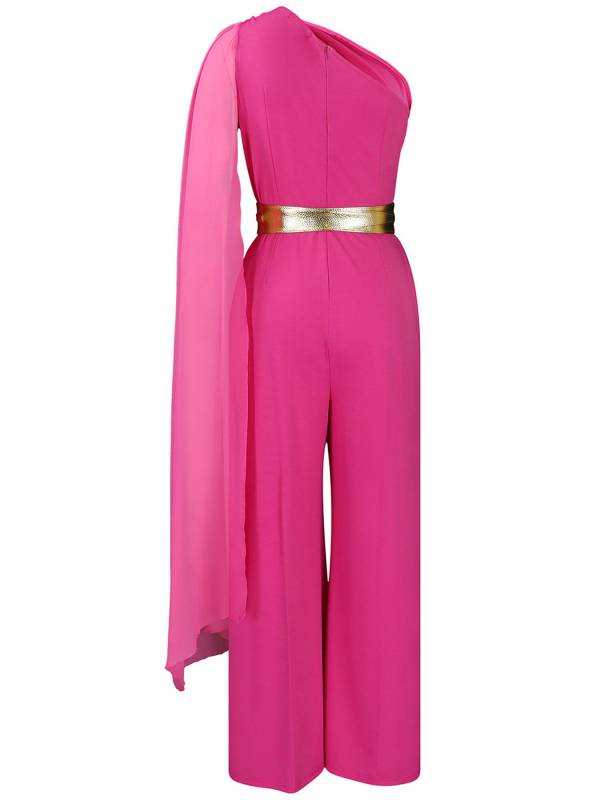 Women One ShoulderLong Batwing Sleeve High Waist Jumpsuit with Belt for Cocktail thumb