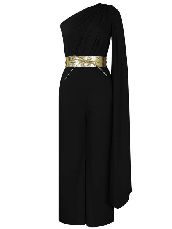 Women One ShoulderLong Batwing Sleeve High Waist Jumpsuit with Belt for Cocktail thumb