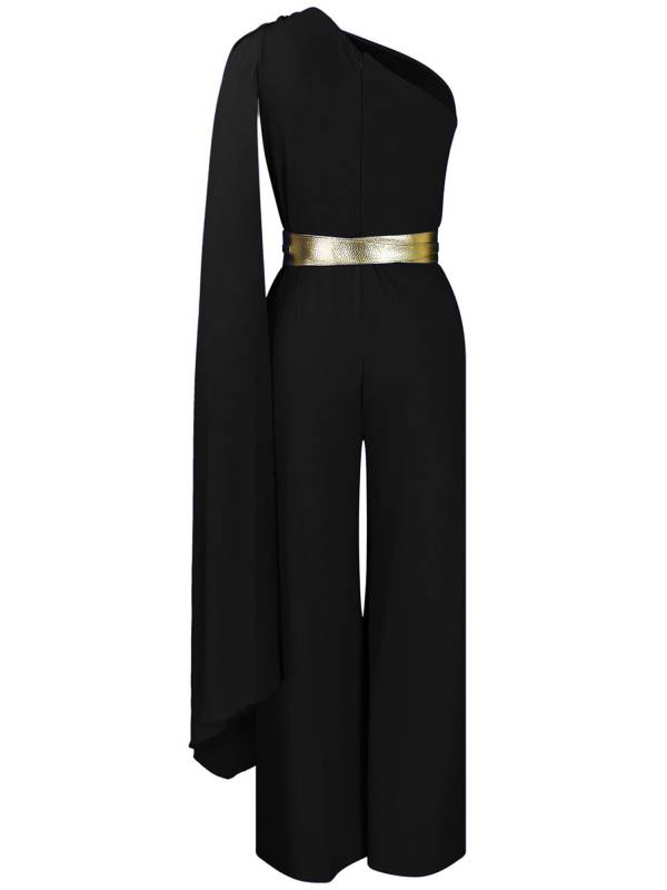 Women One ShoulderLong Batwing Sleeve High Waist Jumpsuit with Belt for Cocktail thumb