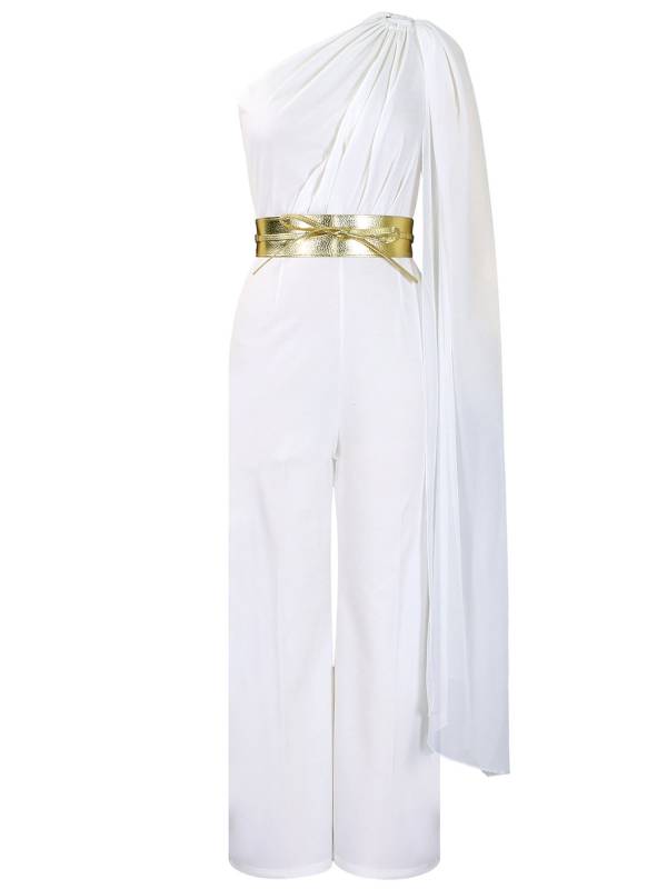Women One ShoulderLong Batwing Sleeve High Waist Jumpsuit with Belt for Cocktail thumb