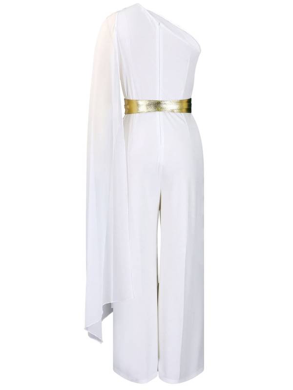 Women One ShoulderLong Batwing Sleeve High Waist Jumpsuit with Belt for Cocktail thumb
