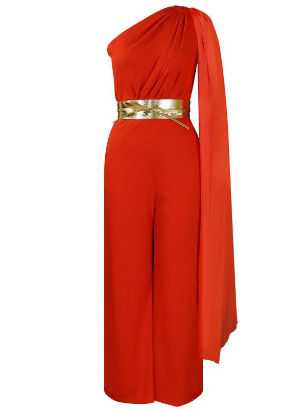 Women One ShoulderLong Batwing Sleeve High Waist Jumpsuit with Belt for Cocktail thumb