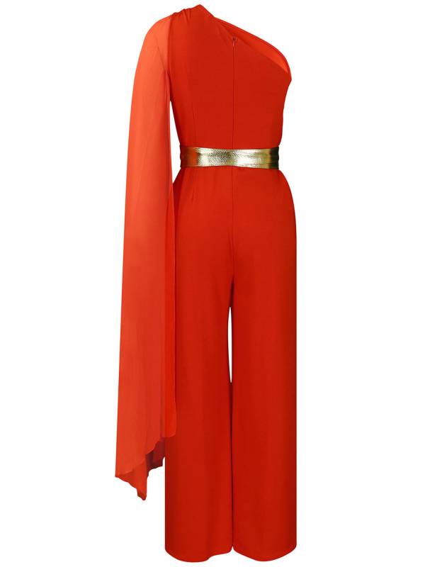 Women One ShoulderLong Batwing Sleeve High Waist Jumpsuit with Belt for Cocktail thumb