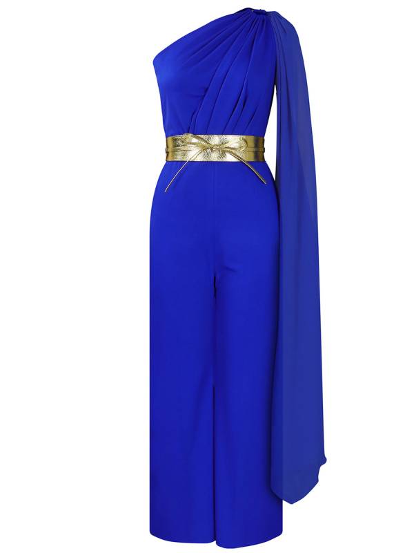 Women One ShoulderLong Batwing Sleeve High Waist Jumpsuit with Belt for Cocktail thumb