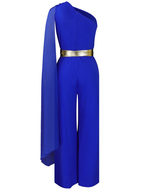 Women One ShoulderLong Batwing Sleeve High Waist Jumpsuit with Belt for Cocktail thumb