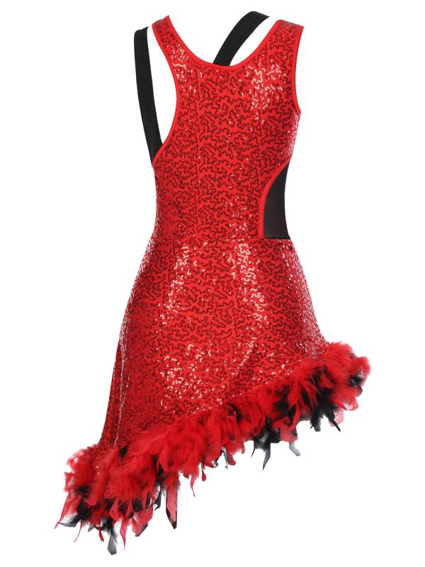 Women Sleeveless Sequins Feather Trim Asymmetrical Jazz Dance Dress thumb