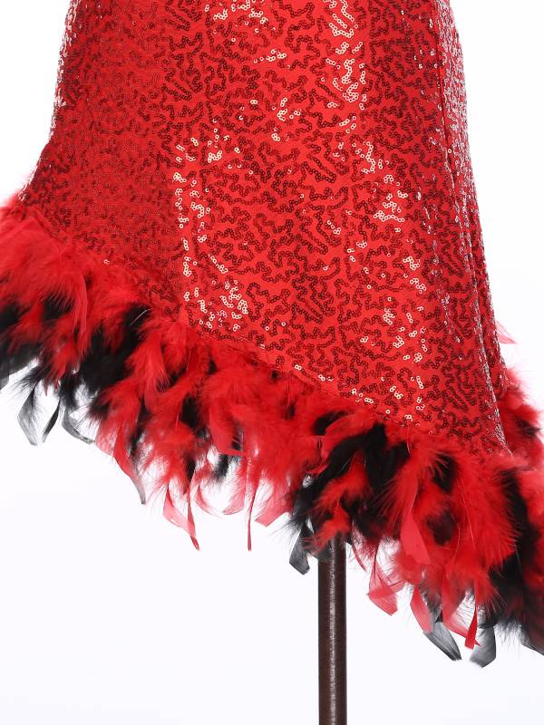 Women Sleeveless Sequins Feather Trim Asymmetrical Jazz Dance Dress thumb