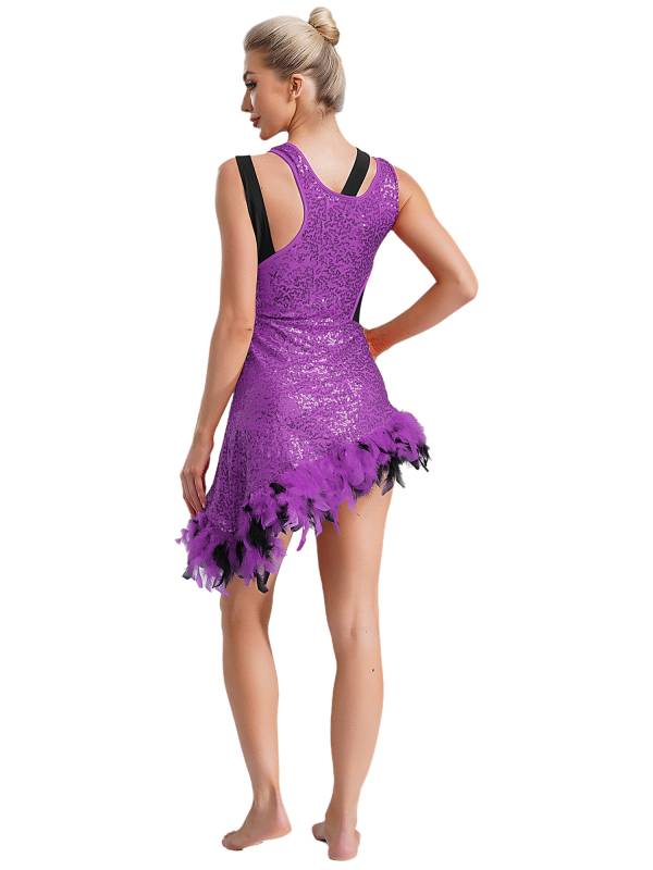 Women Sleeveless Sequins Feather Trim Asymmetrical Jazz Dance Dress thumb