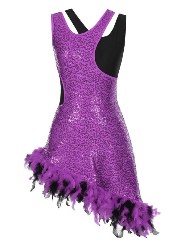 Women Sleeveless Sequins Feather Trim Asymmetrical Jazz Dance Dress thumb