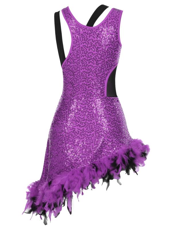 Women Sleeveless Sequins Feather Trim Asymmetrical Jazz Dance Dress thumb