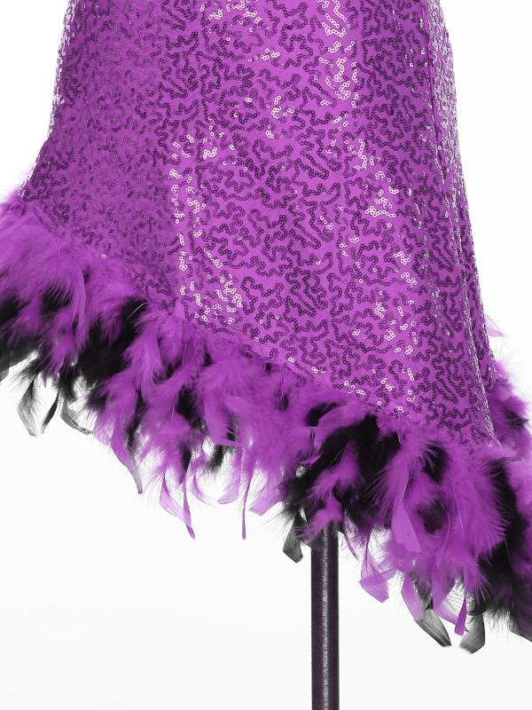 Women Sleeveless Sequins Feather Trim Asymmetrical Jazz Dance Dress thumb