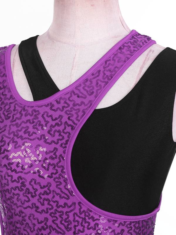 Women Sleeveless Sequins Feather Trim Asymmetrical Jazz Dance Dress thumb