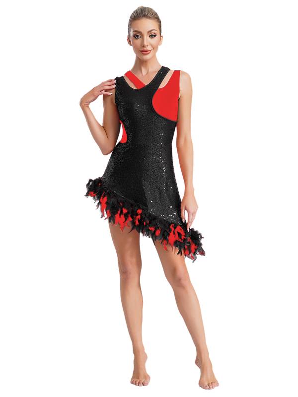 Women Sleeveless Sequins Feather Trim Asymmetrical Jazz Dance Dress thumb