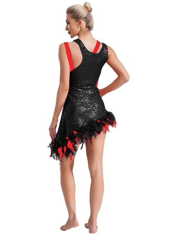 Women Sleeveless Sequins Feather Trim Asymmetrical Jazz Dance Dress thumb