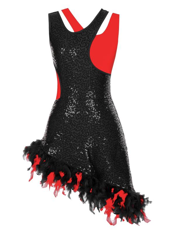 Women Sleeveless Sequins Feather Trim Asymmetrical Jazz Dance Dress thumb