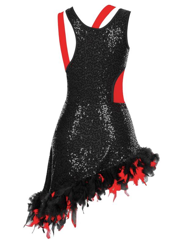 Women Sleeveless Sequins Feather Trim Asymmetrical Jazz Dance Dress thumb