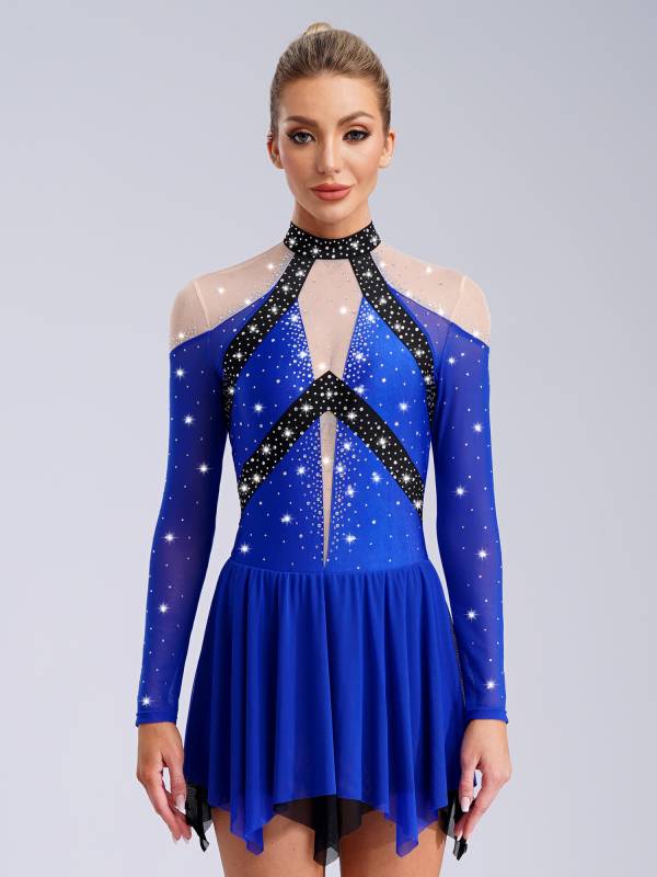 Women Long Sleeve Sparkle Rhinestones Asymmetrical Dress for Figure Skating thumb