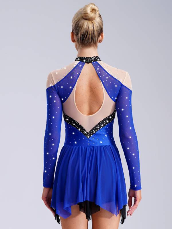 Women Long Sleeve Sparkle Rhinestones Asymmetrical Dress for Figure Skating thumb
