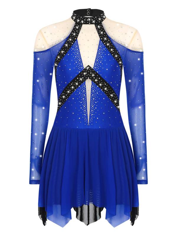 Women Long Sleeve Sparkle Rhinestones Asymmetrical Dress for Figure Skating thumb