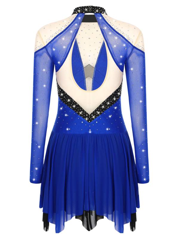 Women Long Sleeve Sparkle Rhinestones Asymmetrical Dress for Figure Skating thumb