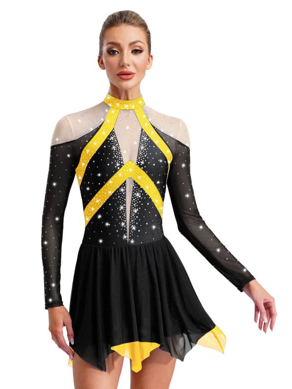 Women Long Sleeve Sparkle Rhinestones Asymmetrical Dress for Figure Skating thumb